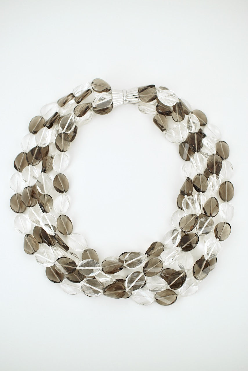 Smoky and Clear Quartz Five Strand Bead Collar Necklace