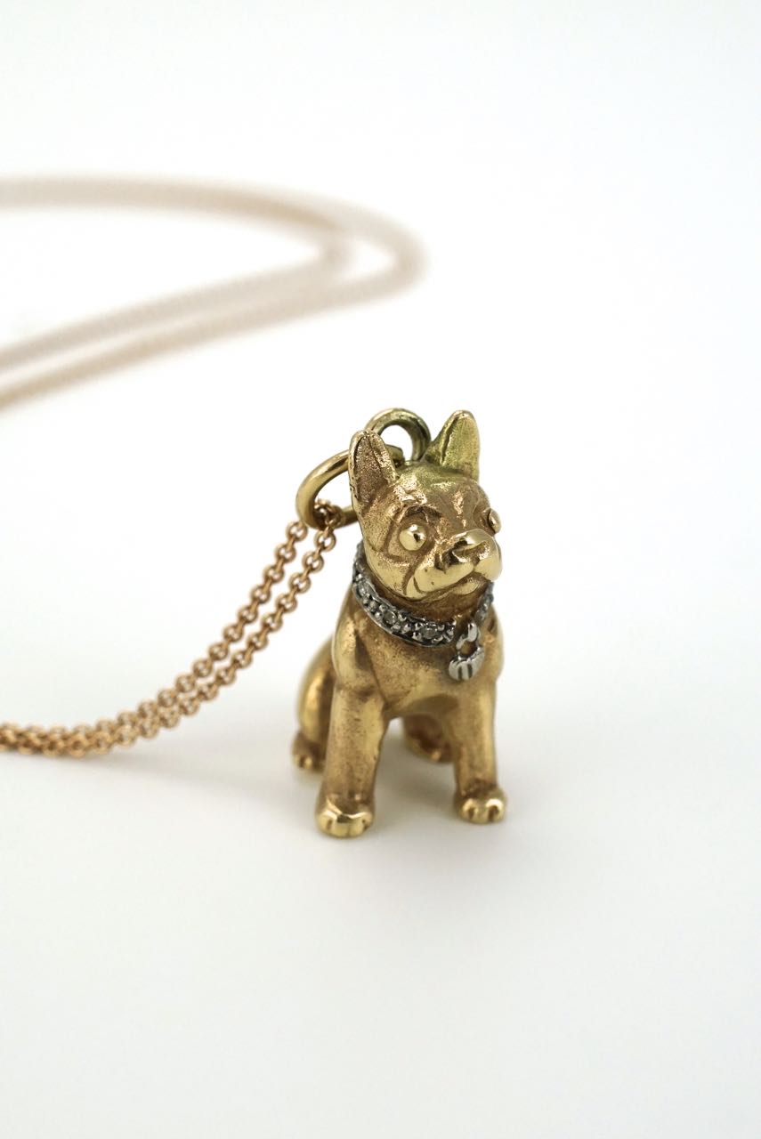 Italian 9k rose gold and diamond pug dog charm necklace