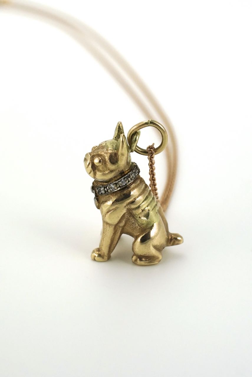 Vintage Italian 9k rose gold and diamond pug dog charm necklace