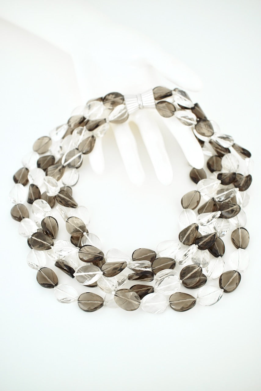 Smoky and Clear Quartz Five Strand Bead Collar Necklace