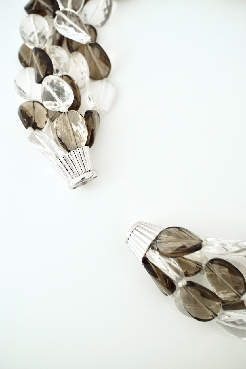 Smoky and Clear Quartz Five Strand Bead Collar Necklace