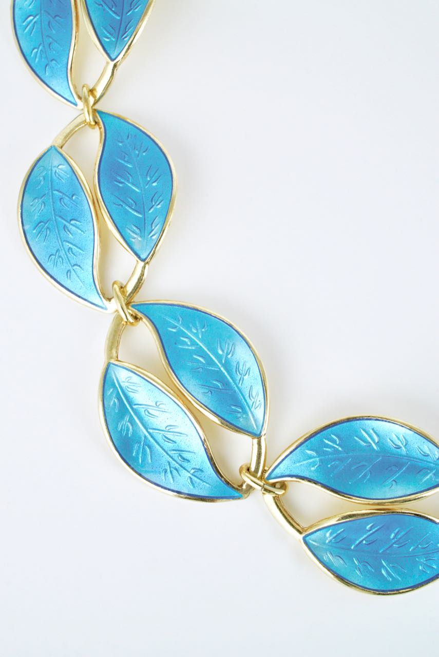 Vintage David Andersen Silver Gilt Sky Blue Enamel Double Leaf Necklace 1950s