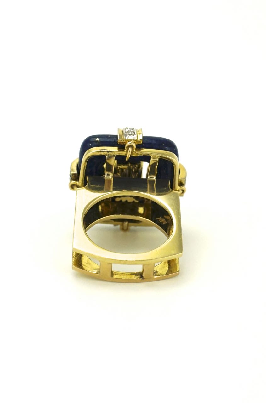 Vintage 14k Gold Modernist Square Lapis and Diamond Ring 1960s