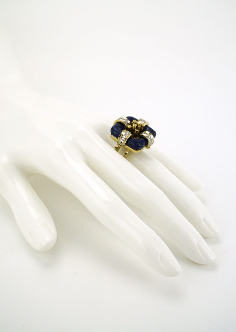 Vintage 14k Gold Modernist Square Lapis and Diamond Ring 1960s