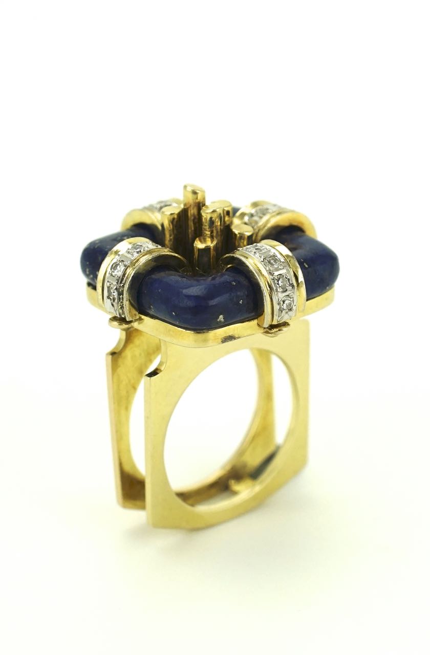 Vintage 14k Gold Modernist Square Lapis and Diamond Ring 1960s