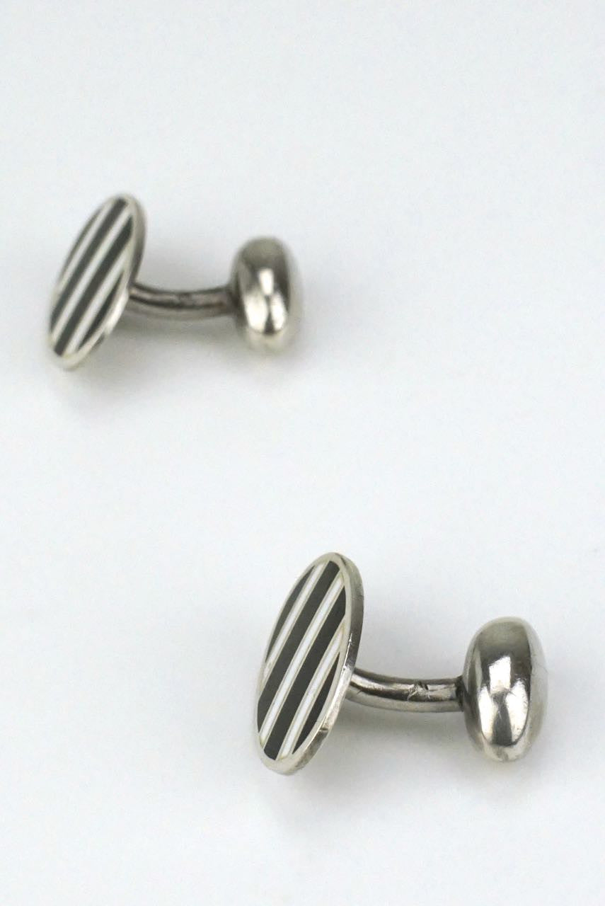 Silver oval black and white stripe enamel cufflinks
