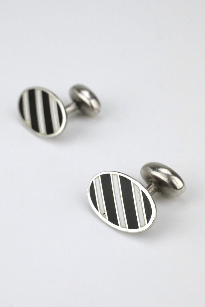 Silver oval black and white stripe enamel cufflinks