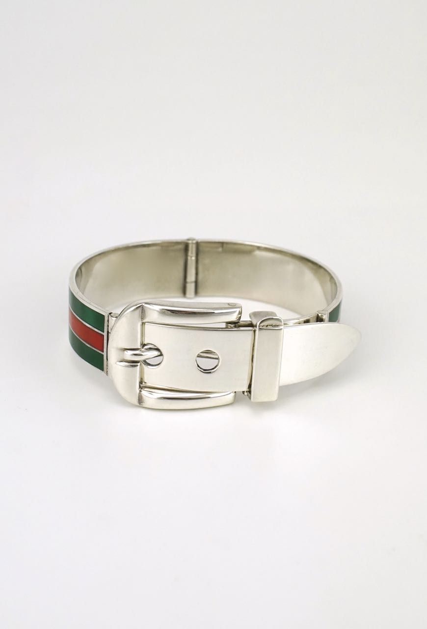 Gucci silver green and red enamel belt buckle bracelet