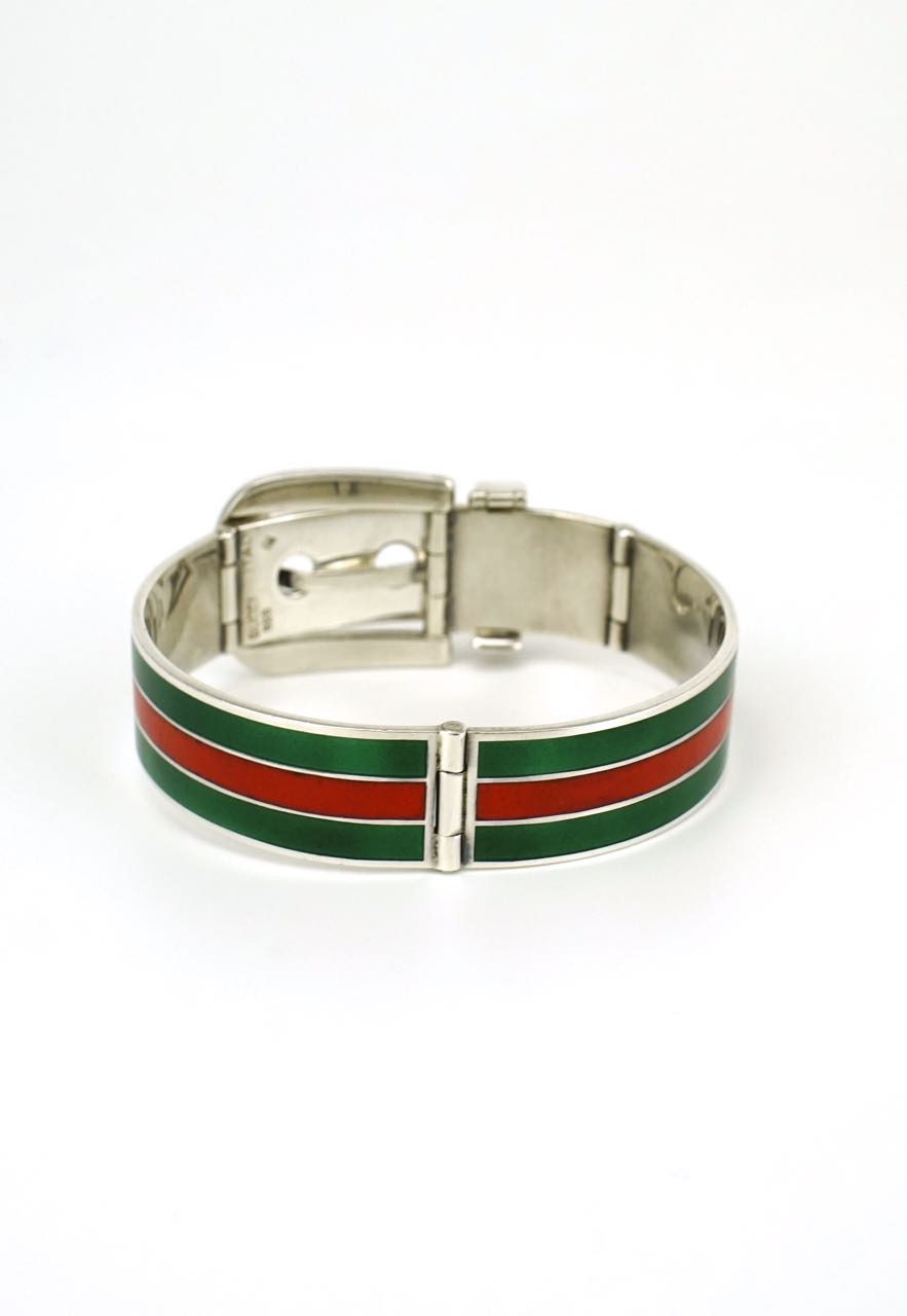 Gucci silver green and red enamel belt buckle bracelet