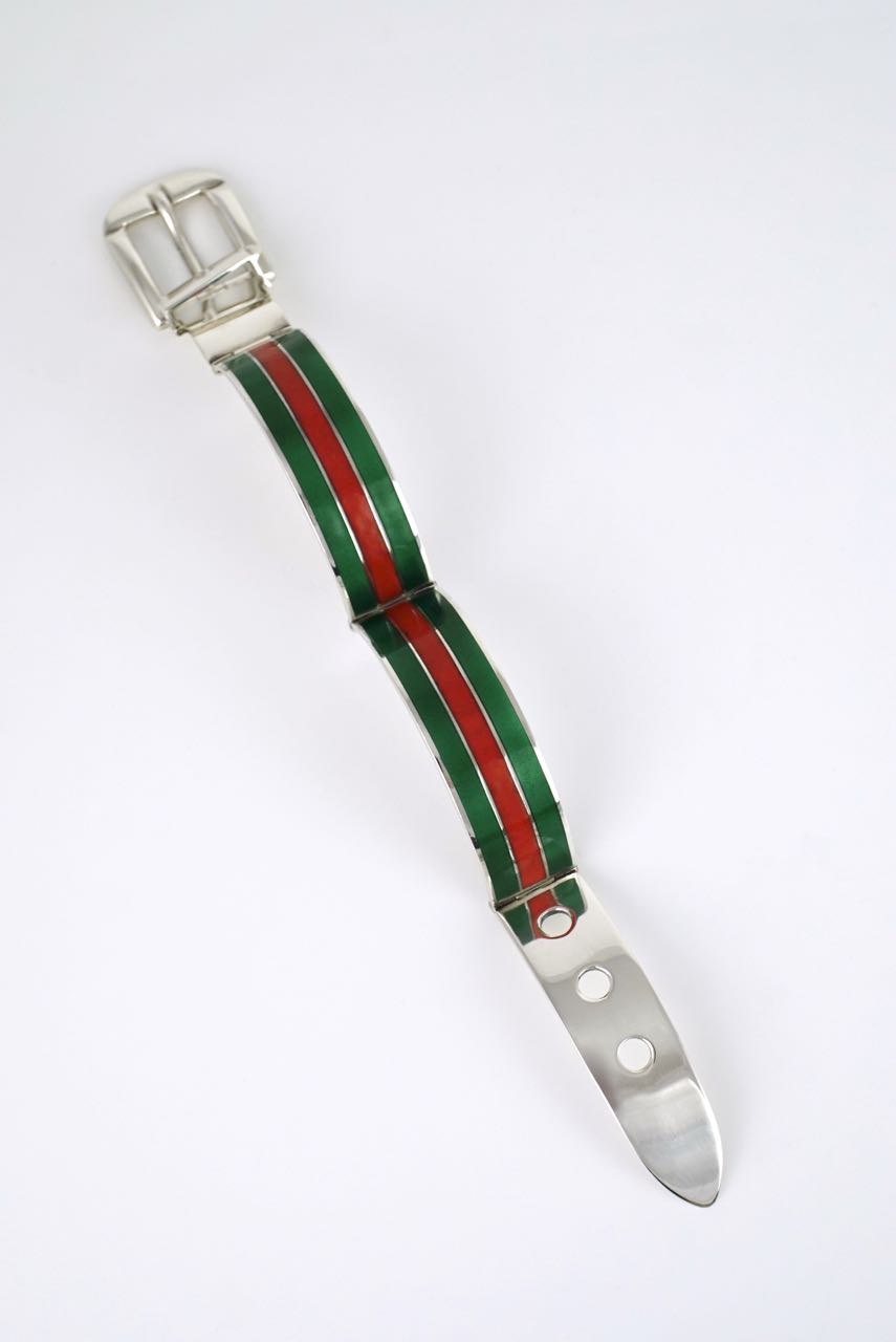 Gucci silver green and red enamel belt buckle bracelet