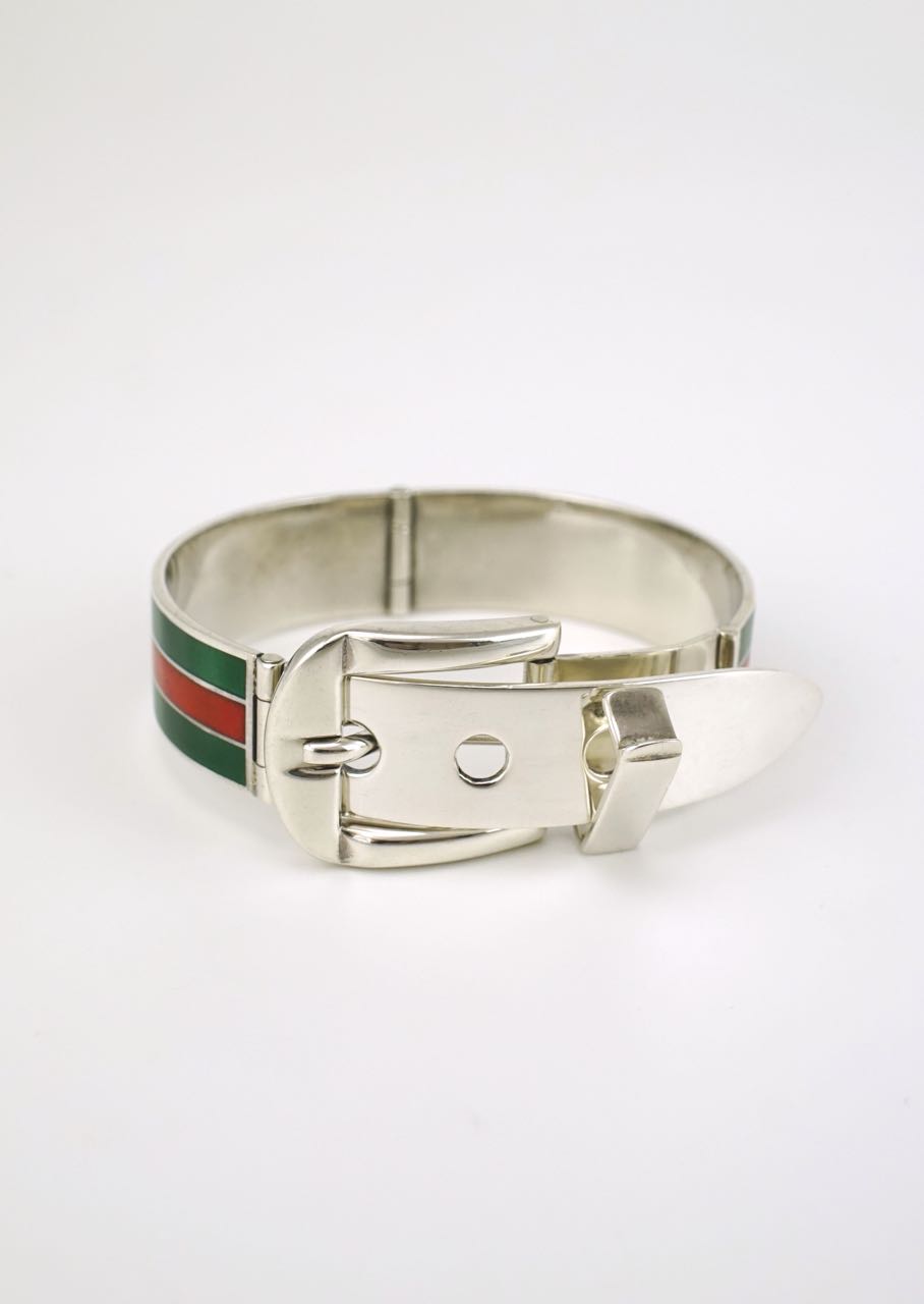Gucci silver green and red enamel belt buckle bracelet