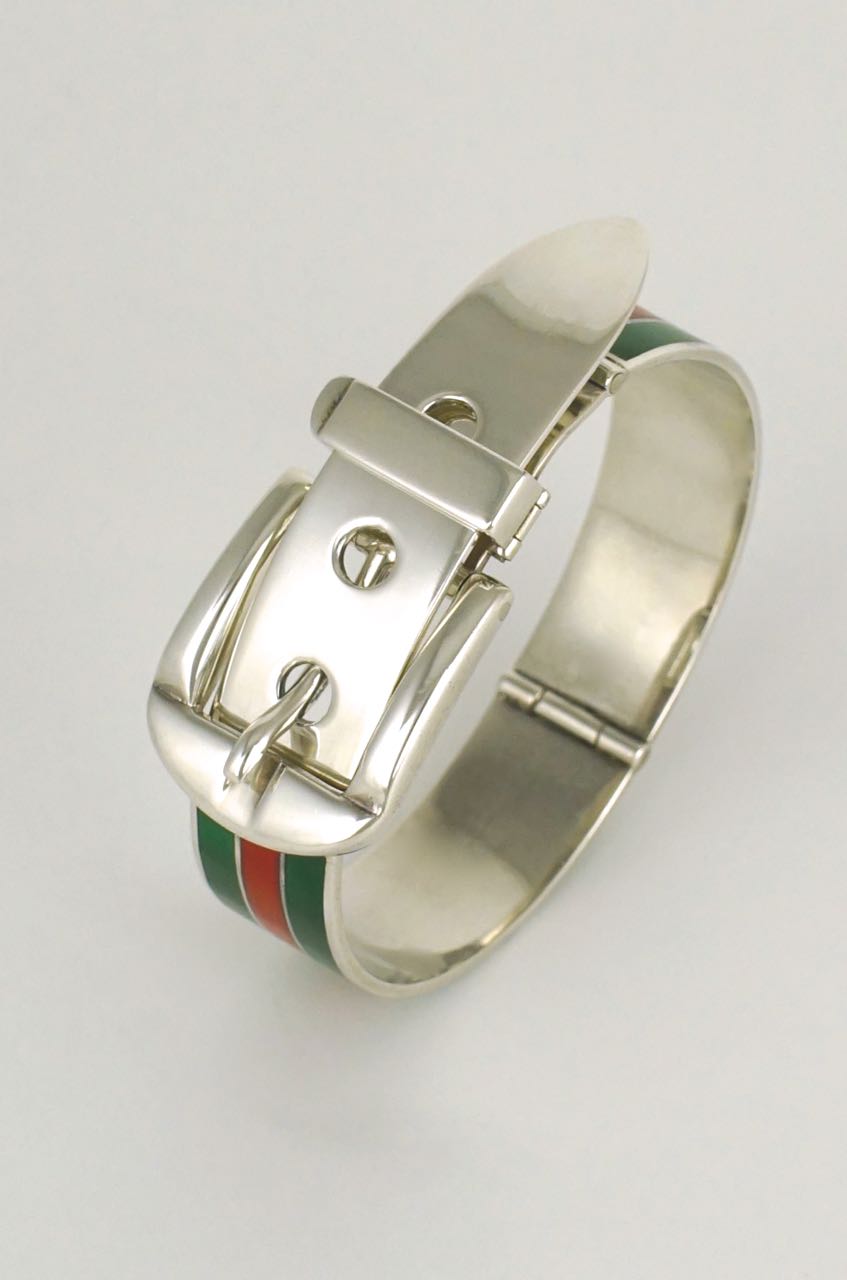 Gucci silver green and red enamel belt buckle bracelet