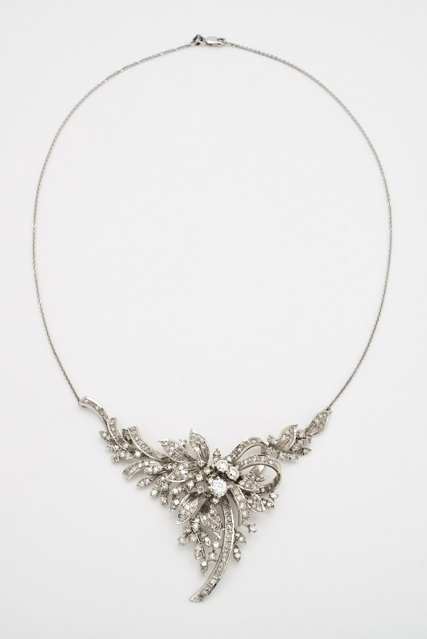 Vintage 18k White Gold Diamond Floral Ribbon Pendant Necklace 1950s