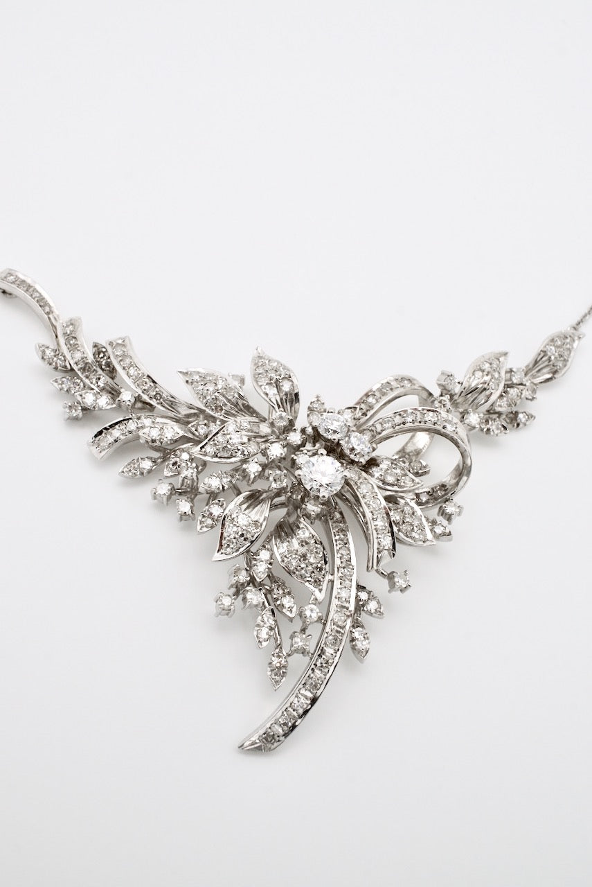 Vintage 18k White Gold Diamond Floral Ribbon Pendant Necklace 1950s