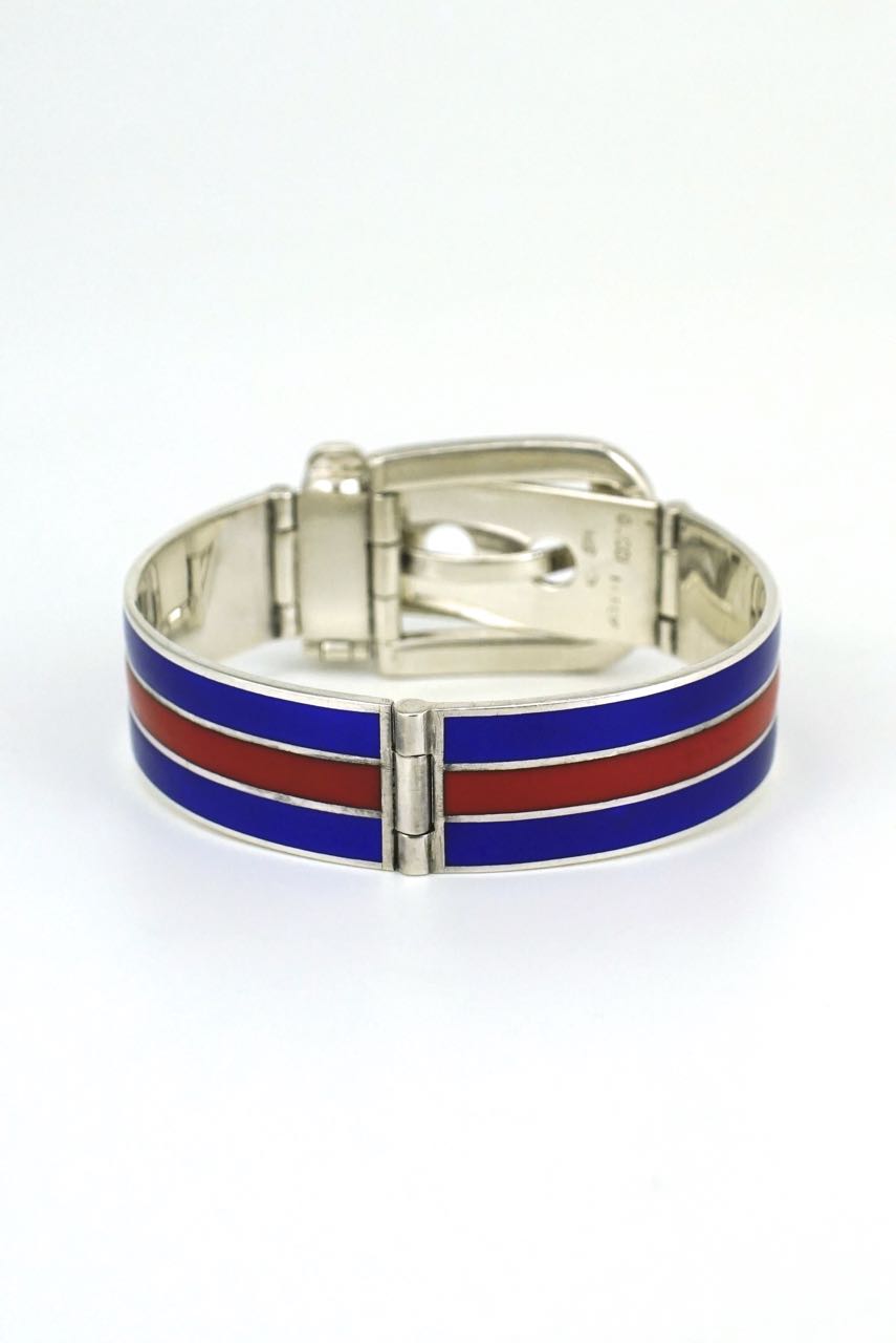 Gucci silver blue and red enamel belt buckle bracelet