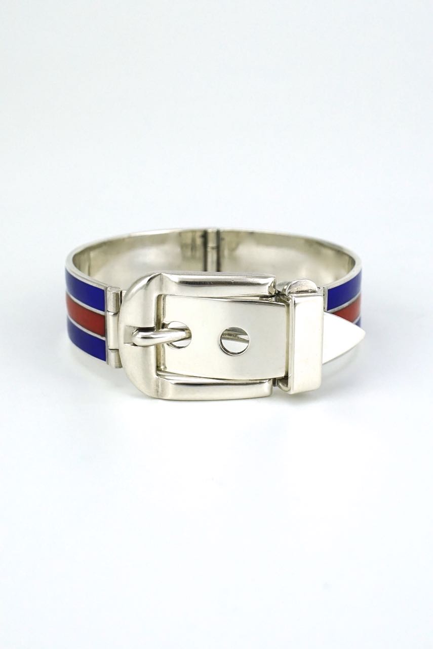 Gucci silver blue and red enamel belt buckle bracelet