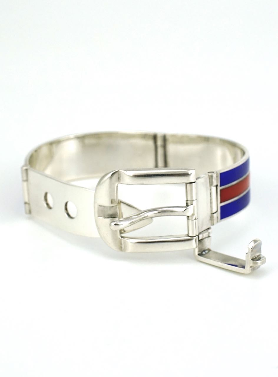 Gucci silver blue and red enamel belt buckle bracelet