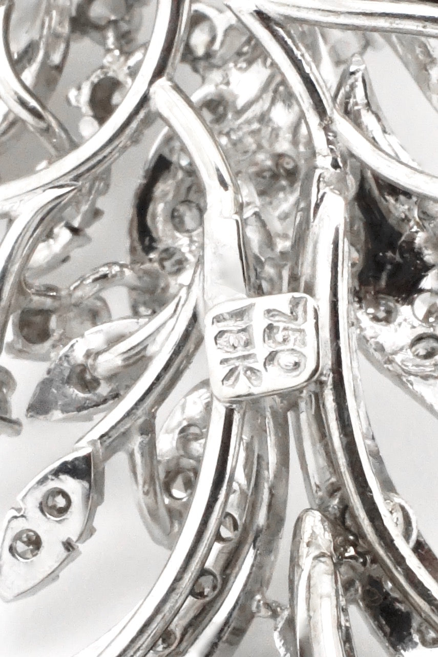 Vintage 18k White Gold Diamond Floral Ribbon Pendant Necklace 1950s