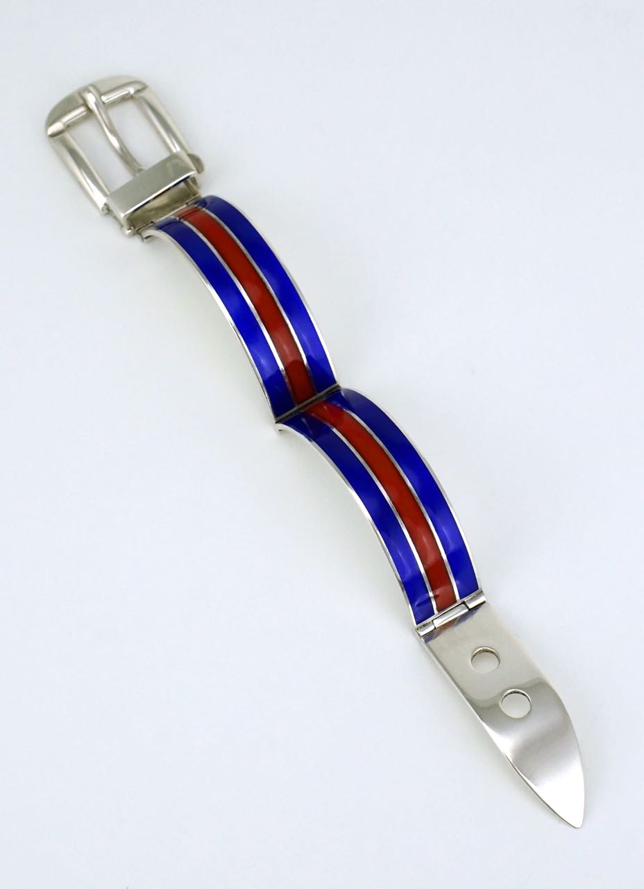 Gucci silver blue and red enamel belt buckle bracelet