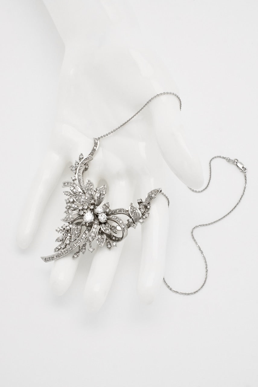Vintage 18k White Gold Diamond Floral Ribbon Pendant Necklace 1950s