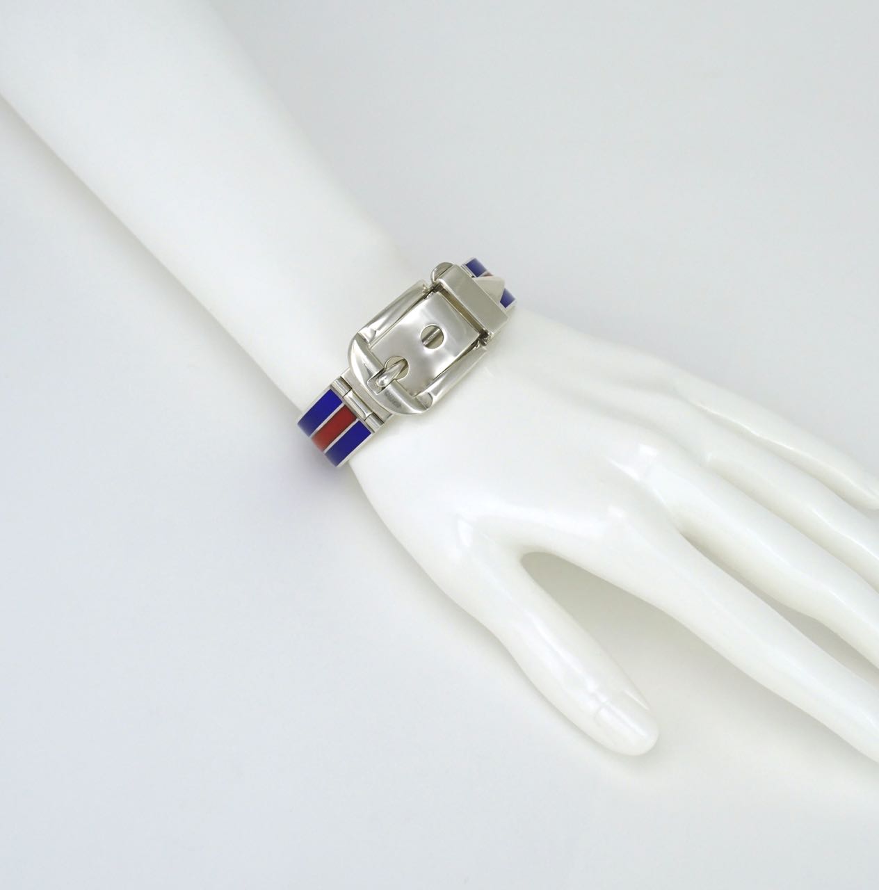 Gucci silver blue and red enamel belt buckle bracelet