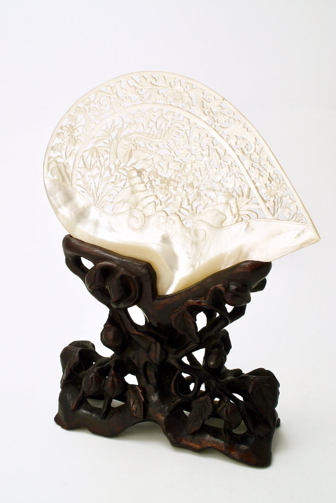 Antique Chinese Carved Mother Of Pearl Shell On Stand