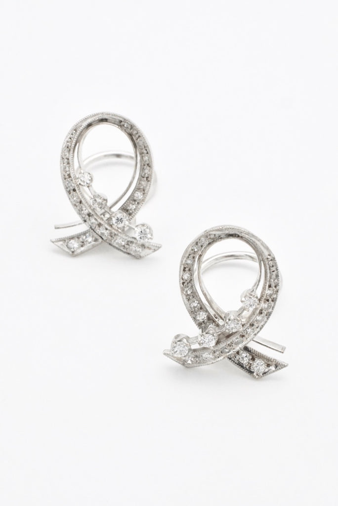 Vintage 18k White Gold Diamond Scroll Clip Earrings 1950s