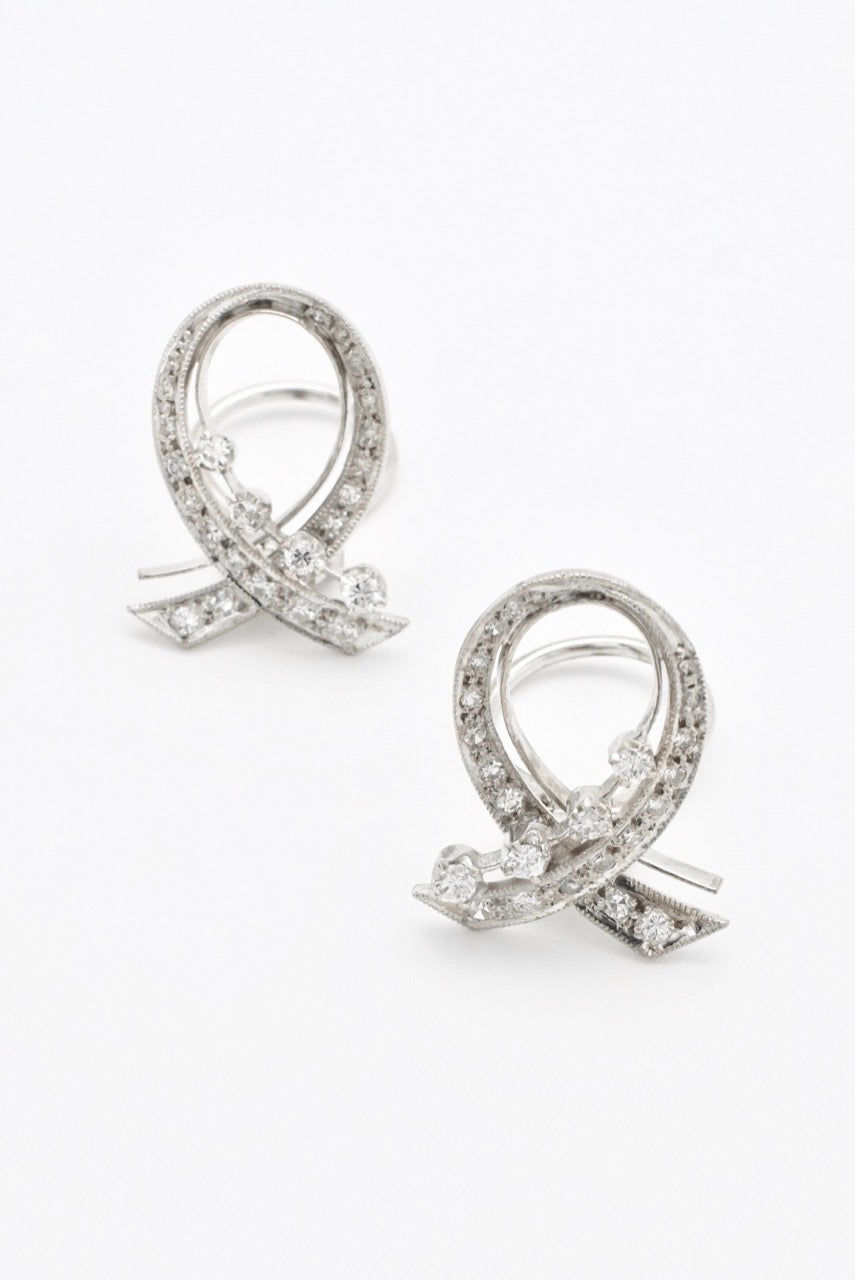 Vintage 18k White Gold Diamond Scroll Clip Earrings 1950s