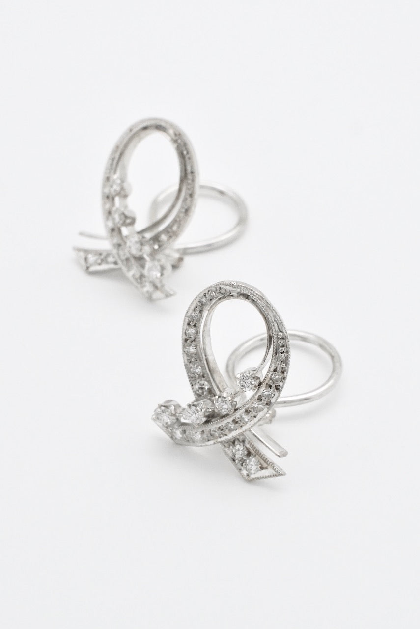 Vintage 18k White Gold Diamond Scroll Clip Earrings 1950s