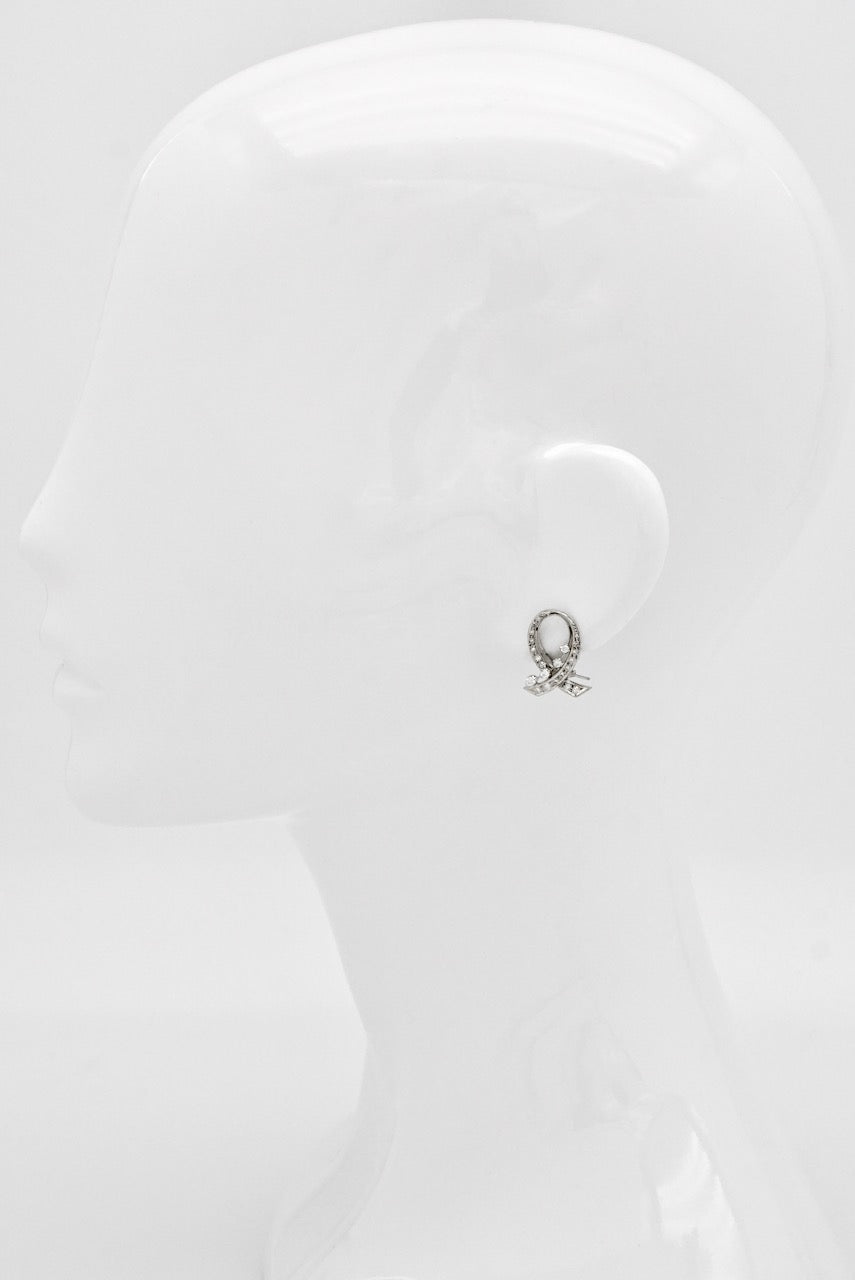 Vintage 18k White Gold Diamond Scroll Clip Earrings 1950s