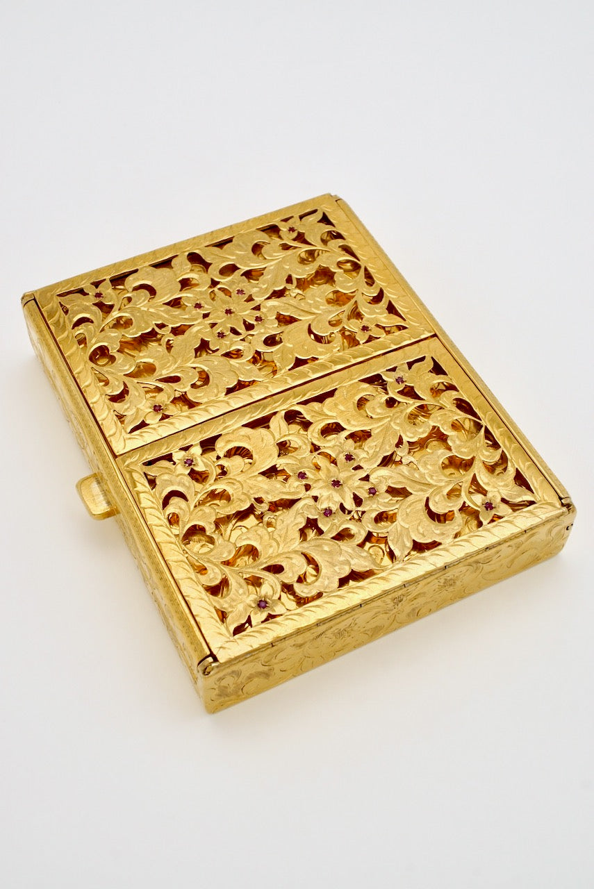 Vintage Italian Continental Silver Gilt Ruby Vanity Case 1950s