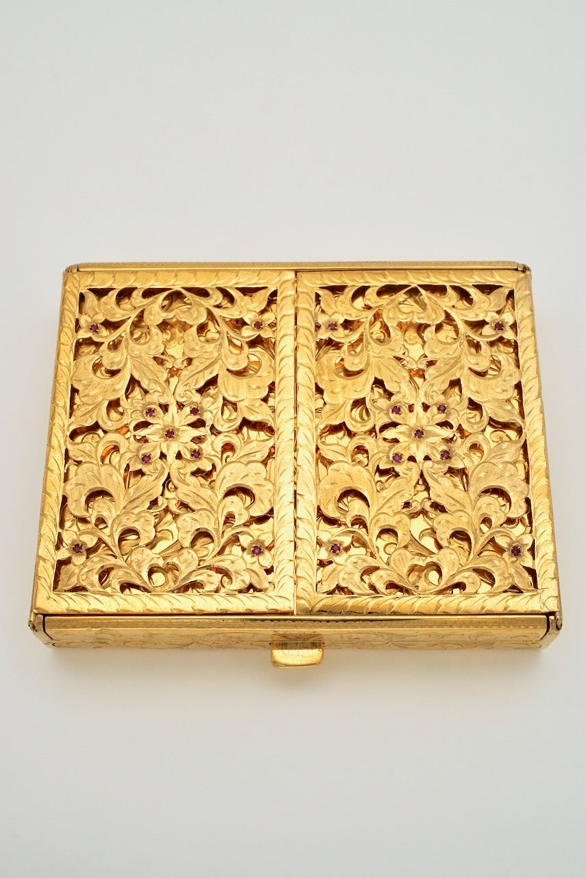 Vintage Italian Continental Silver Gilt Ruby Vanity Case 1950s