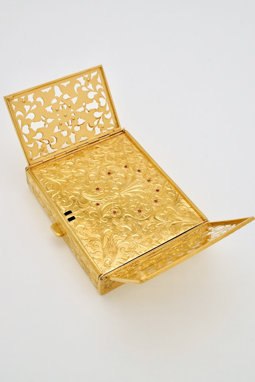 Vintage Italian Continental Silver Gilt Ruby Vanity Case 1950s