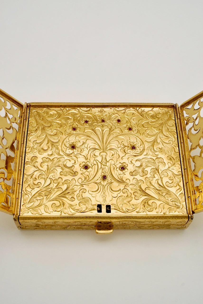 Vintage Italian Continental Silver Gilt Ruby Vanity Case 1950s