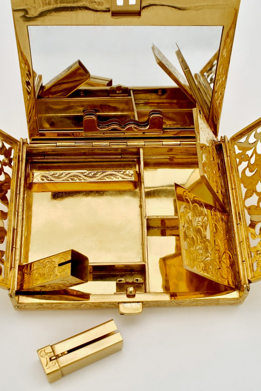 Vintage Italian Continental Silver Gilt Ruby Vanity Case 1950s