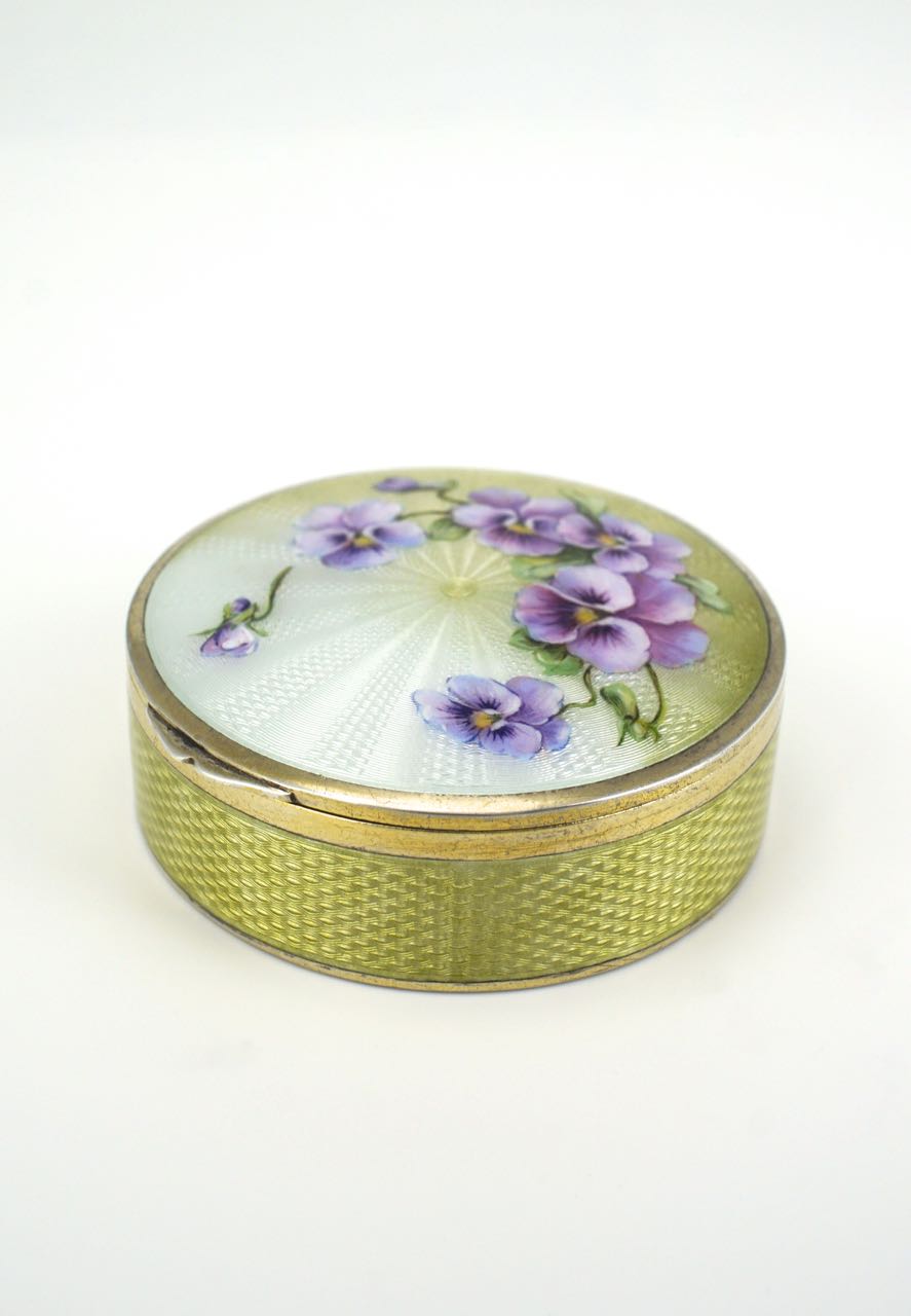 German Silver and Enamel round floral box