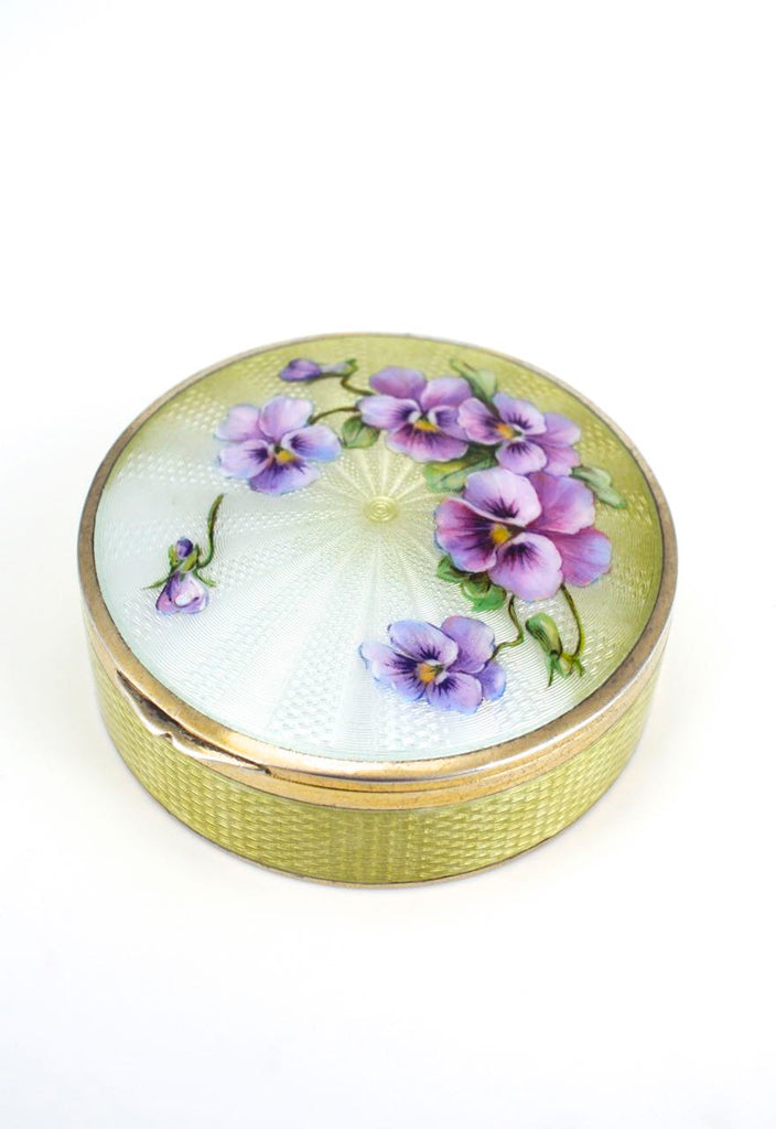 German Silver and Enamel round floral box