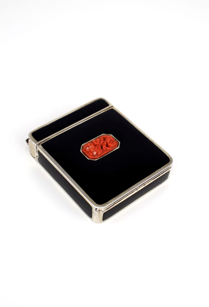 Art Deco silver and black enamel coral compact 1930s