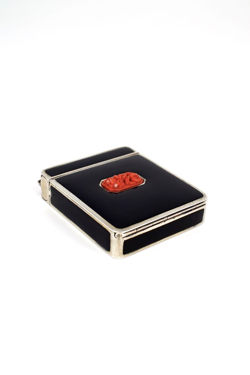 Art Deco silver and black enamel coral compact 1930s