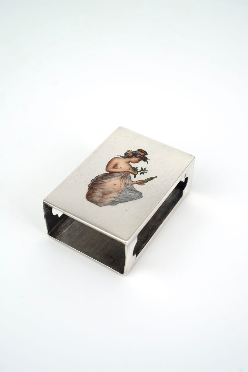 Antique solid silver and enamel erotic match box cover
