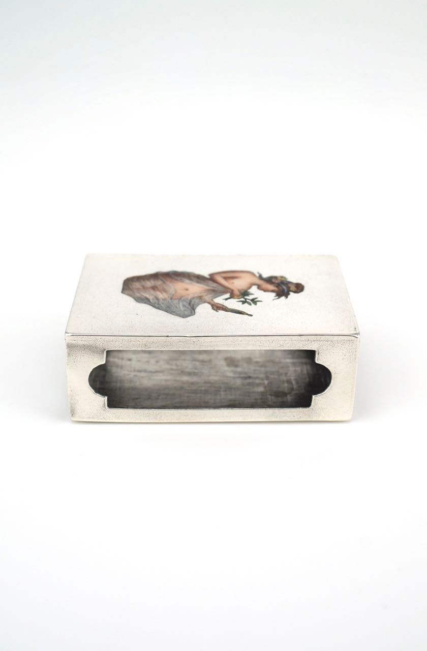 Antique solid silver and enamel erotic match box cover