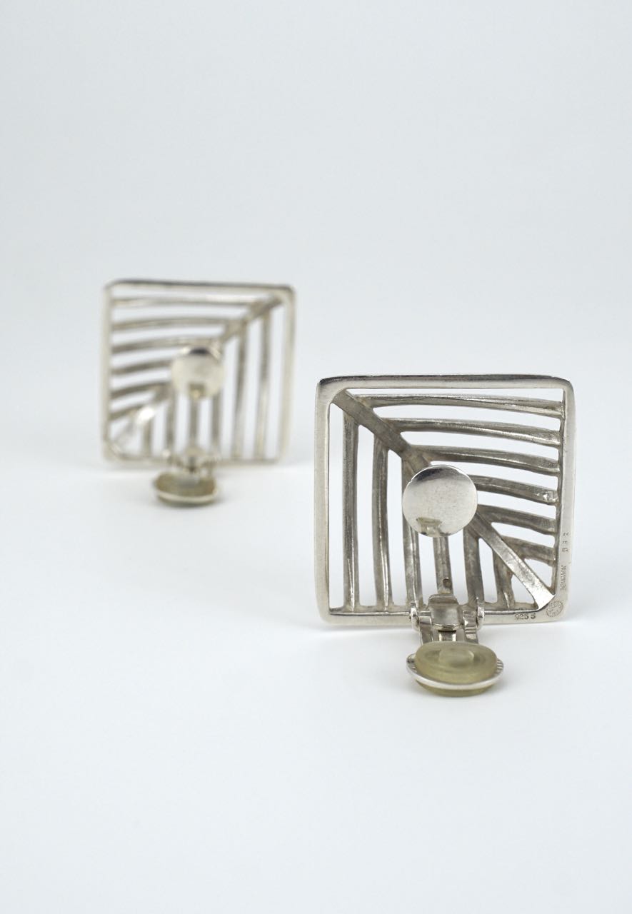 Vintage Georg Jensen Sterling Silver square domed grille clip earrings - design 389 Nanna Ditzel