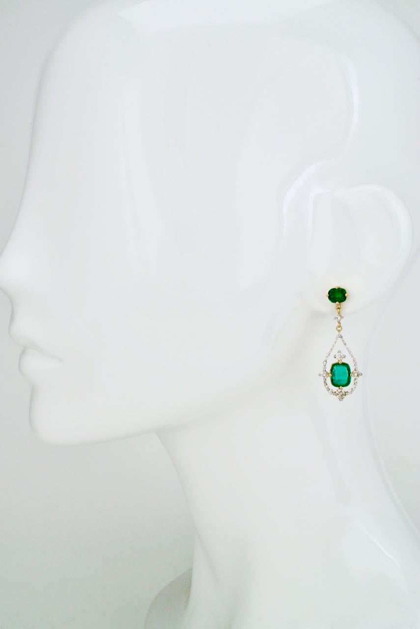 Vintage 18k Yellow Gold Emerald and Diamond Drop Earrings