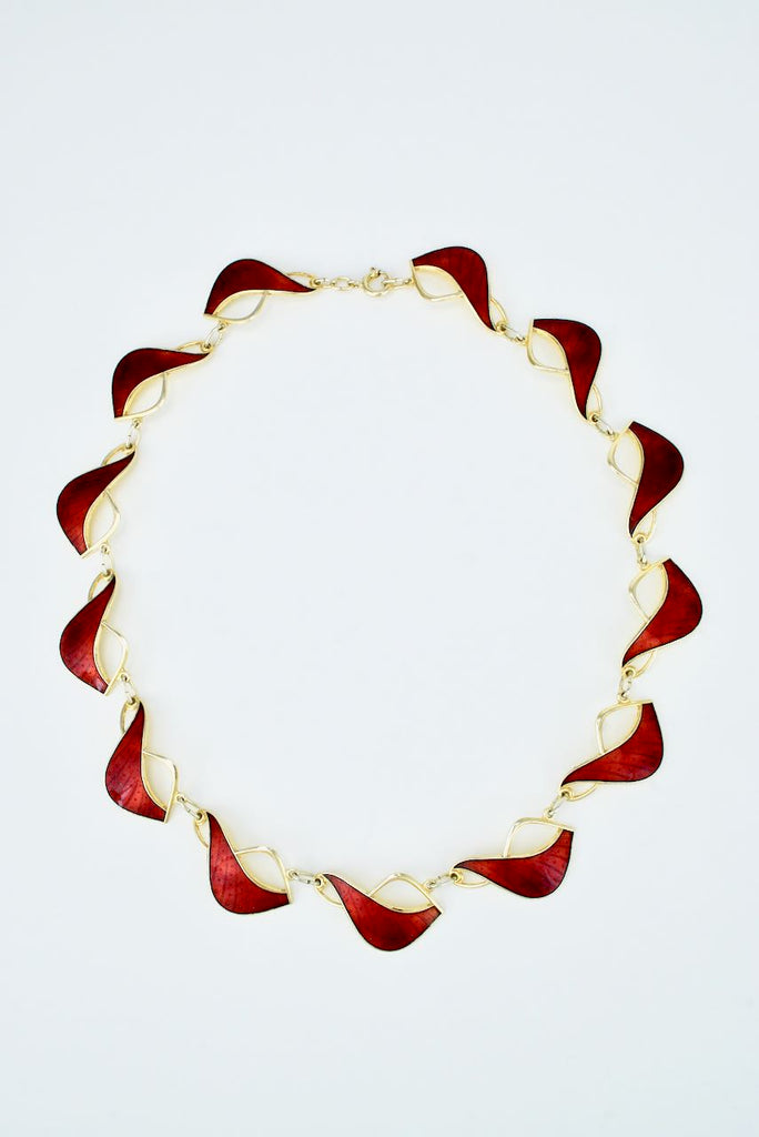 Vintage Norwegian Silver Red Enamel Leaf Necklace 1950s