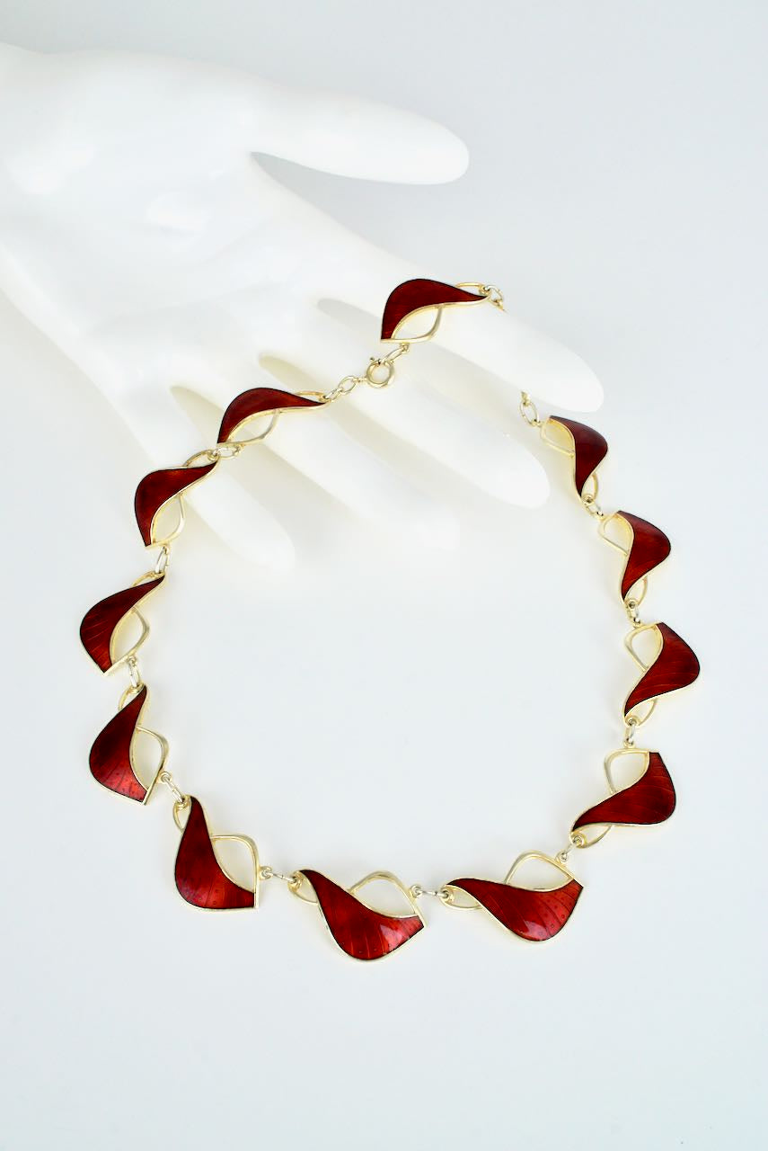 Vintage Norwegian Silver Red Enamel Leaf Necklace 1950s