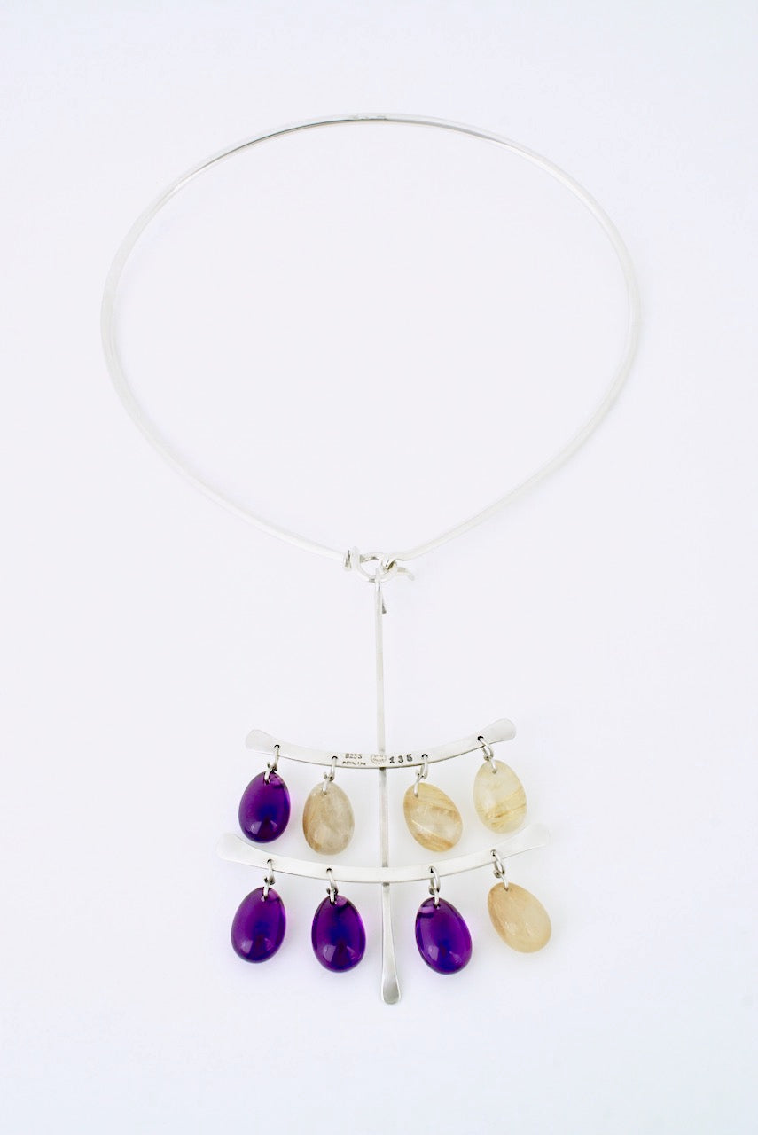 Vintage Georg Jensen Sterling Silver Quartz Amethyst Drop Pendant - Torun Design 135