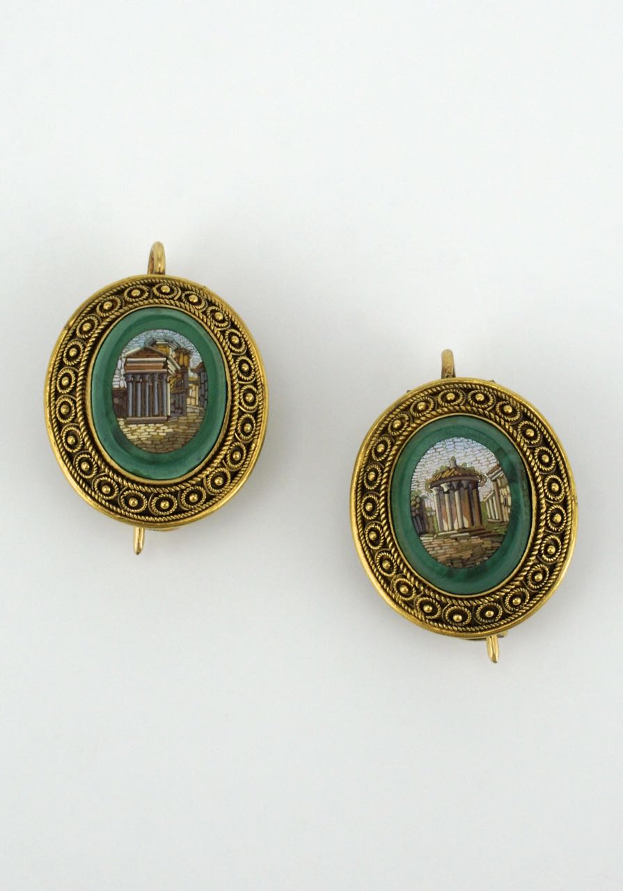 Antique Victorian micro mosaic gold malachite brooch and earring set signed
