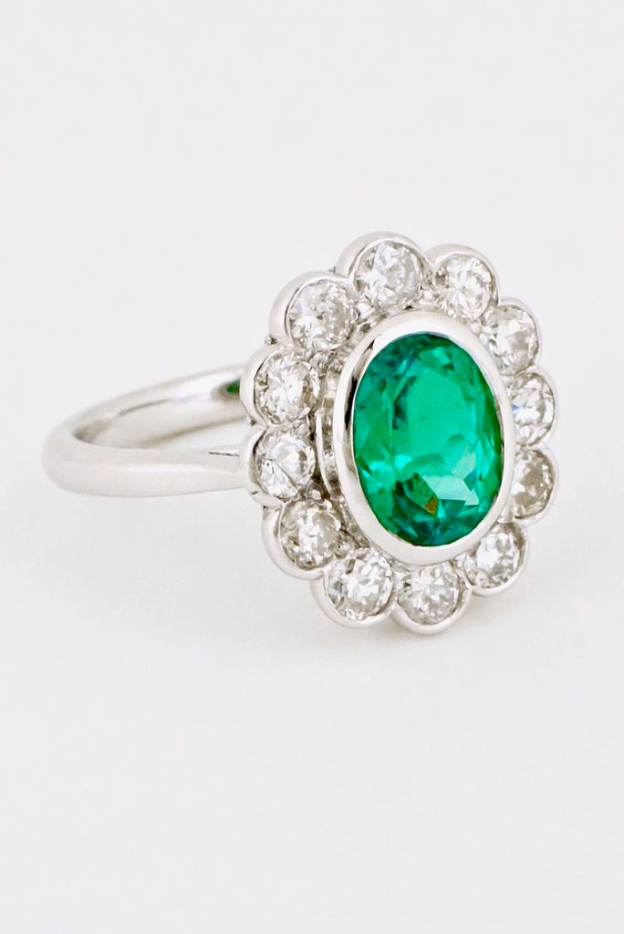 Vintage Platinum Emerald and Diamond Cluster Ring