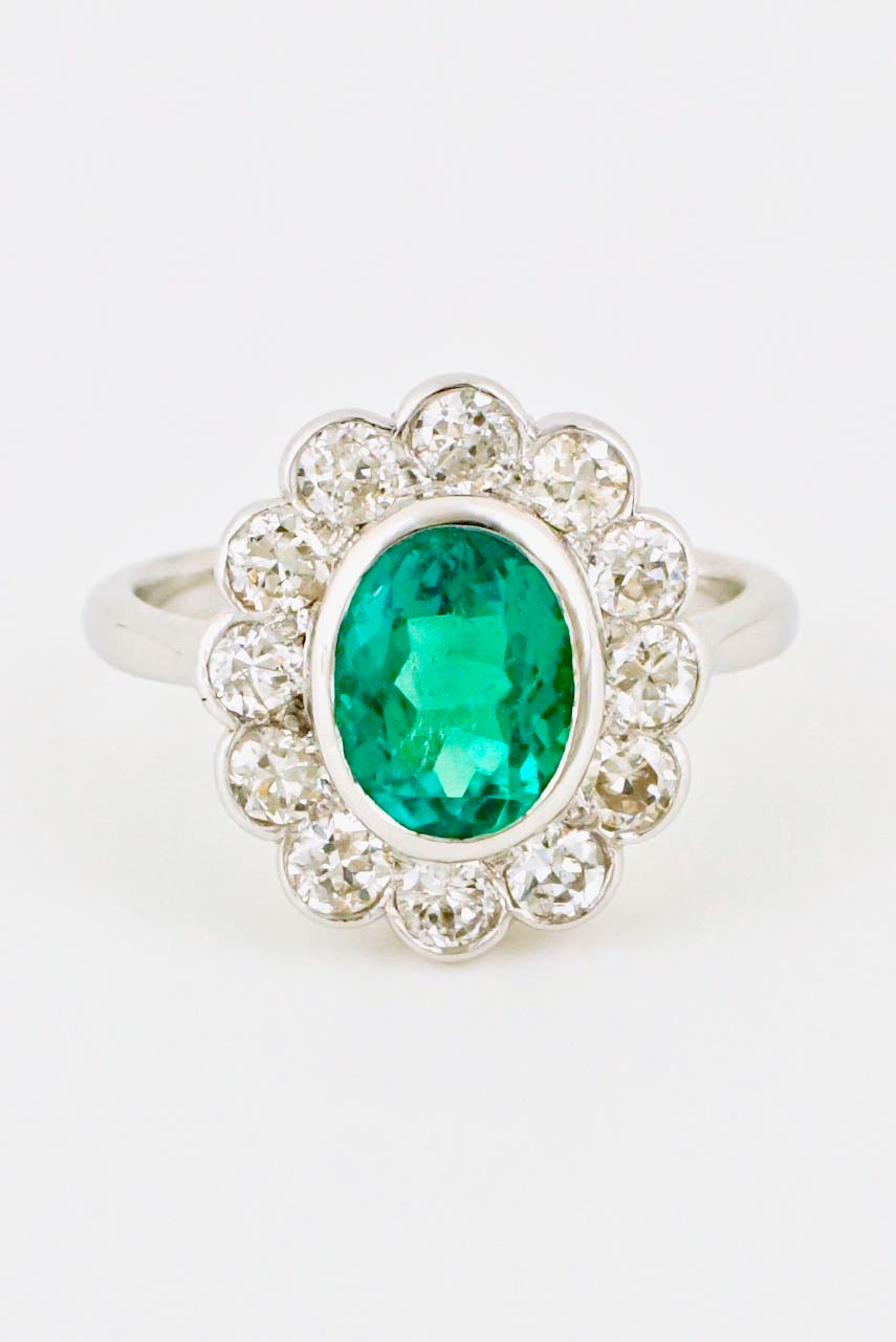 Vintage Platinum Emerald and Diamond Cluster Ring