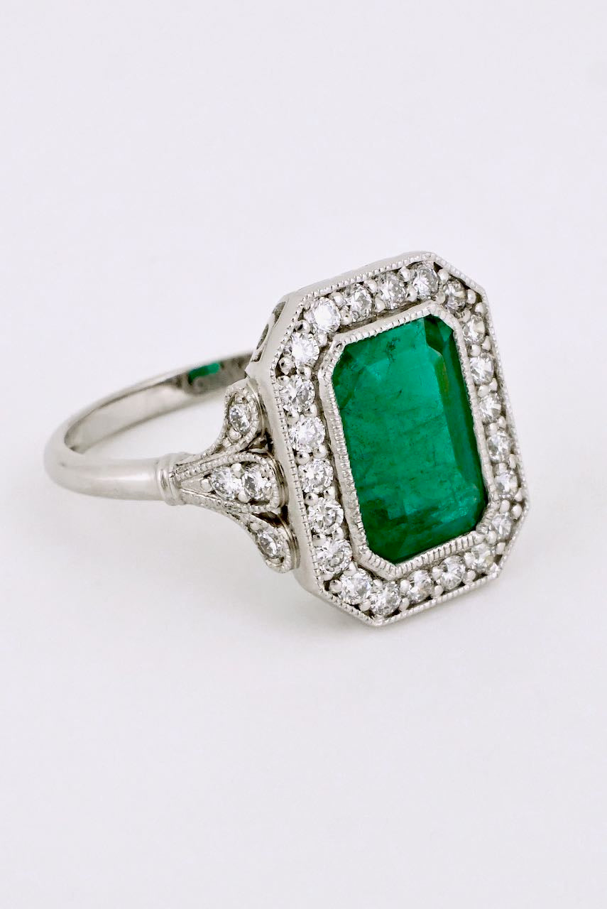 Vintage Platinum Emerald and Diamond Dress Ring